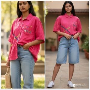 Vintage 80s Pink Tuxedo Short Sleeve Shirt with Colorful Embroidery Detail